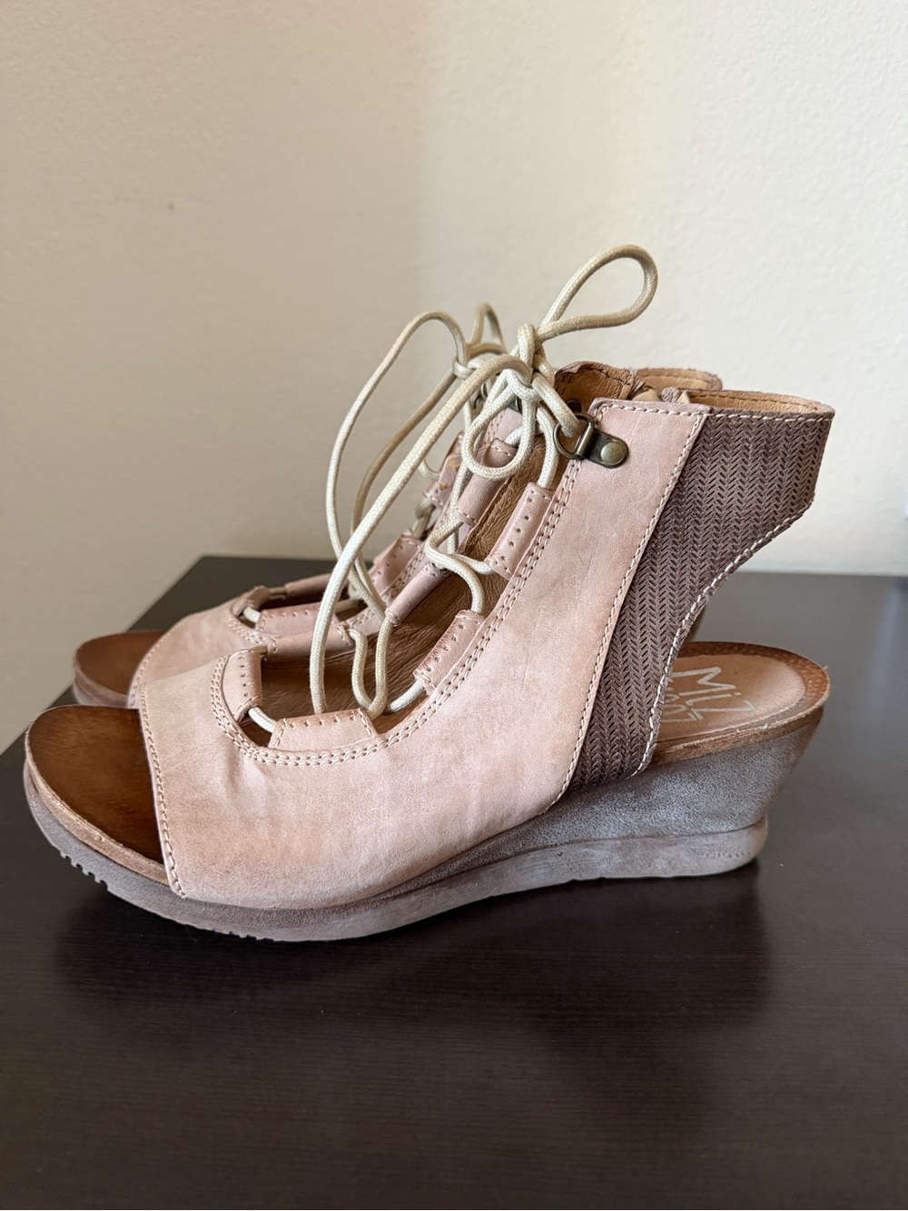 Miz Mooz Satine Womens Gladiator Wedge Sandals Light Tan-pink Lace Up Open Toe